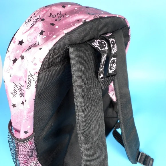 Hello Kitty Sanrio Light Pink Black Backpack Hearts Stars School Embroidered - Picture 9 of 14